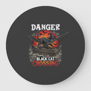 Gefahr Schwarze Katze überquert Halloween Hexenhut Große Wanduhr
