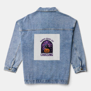 Gefahr Schwarze Katze überquert Halloween Kürbis H Jeansjacke