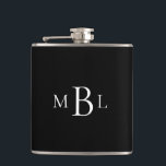 Gefallen Bachelor Party White Monogram Black Flask Flachmann<br><div class="desc">Schwarze Flasche. Weißes Monogramm.  Geschenk der Trauzeuge.  Ja.</div>