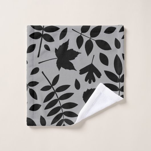 Gefallene Blätter Lg Muster Schwarz auf Grau Badhandtuch Set (Waschlappen)