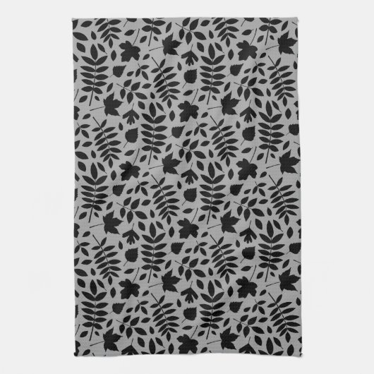 Gefallene Blätter Rpt Pattern Schwarz auf Grau Geschirrtuch (Vertikal)