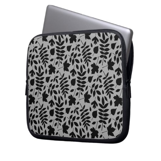 Gefallene Blätter Rpt Pattern Schwarz auf Grau Laptopschutzhülle (Vorderseite Links)