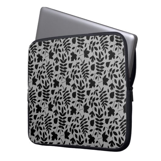 Gefallene Blätter Rpt Pattern Schwarz auf Grau Laptopschutzhülle (Vorderseite Links)