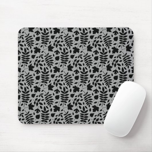 Gefallene Blätter Rpt Pattern Schwarz auf Grau Mousepad (Mit Mouse)