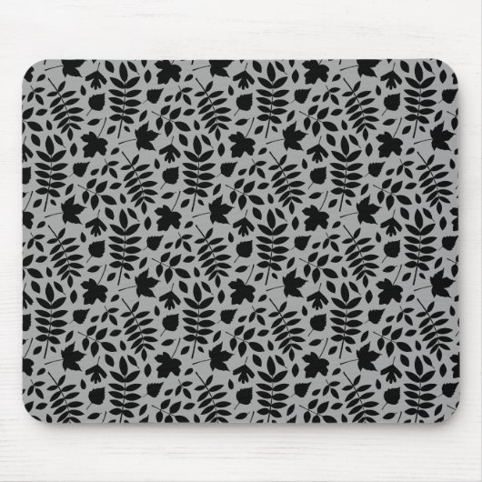 Gefallene Blätter Rpt Pattern Schwarz auf Grau Mousepad (Vorne)