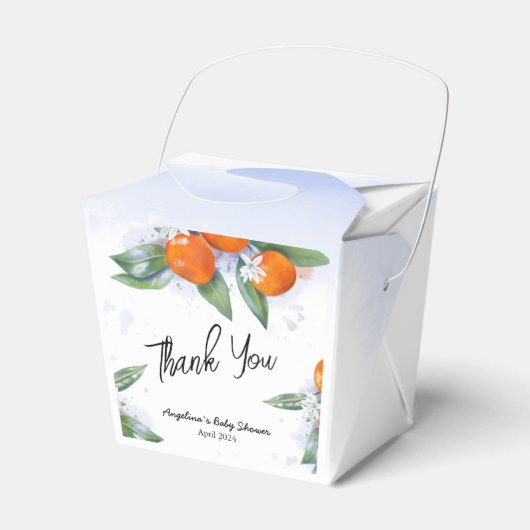 Gefälligkeitsbox für Babydusche mit Mandarine Geschenkschachtel (Vorderseite)