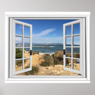 Gefälschte Fensteransicht Rocky Beach Ozean Poster