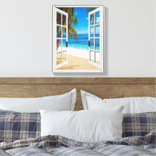 Gefälschte Fensteransicht Strand Ozean  Leinwanddruck