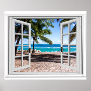 Gefälschtes Fenster mit Palmen am Strand Meerblick Poster