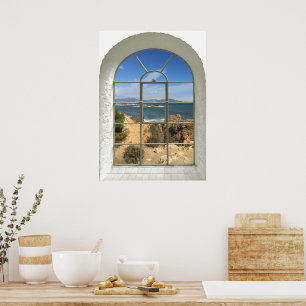 Gefälschtes Fenster Rocky Beach Ozeanblick Poster