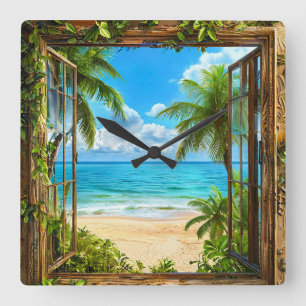 Gefälschtes Fenster Sommer Strand Haus Dekoration Quadratische Wanduhr