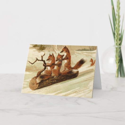 Gefaltete WEIHNACHTENkarte FÜCHSE AUF KLOTZ Karte (Vorderseite)