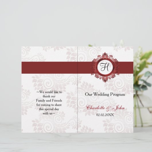 gefaltetes Hochzeitsprogramm für rote Monogramm (Stehend Vorderseite)