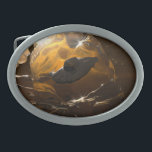 gefangen in Bernstein Ovale Gürtelschnalle<br><div class="desc">Ein Raumfahrzeug der Alien,  das in einem riesigen,  bernsteinfarbenen Eiskristall gefangen ist.</div>