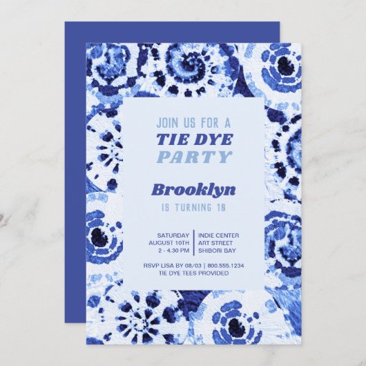 Gefärbte Krawatte Birthday Party Blue Shibori Einladung (Vorne/Hinten)