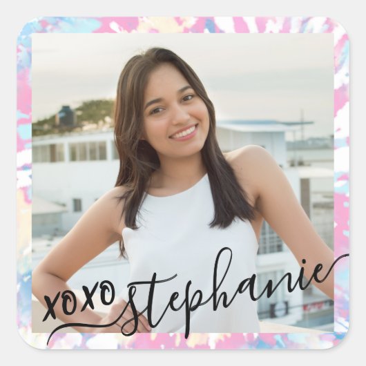 Gefärbte Krawatte Dankeschön Gastgeschenk Foto Quadratischer Aufkleber (Vorderseite)