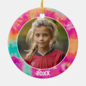 Gefärbte Krawatte Grenze mit Foto und Jahr - rosa Keramik Ornament (Hinten)