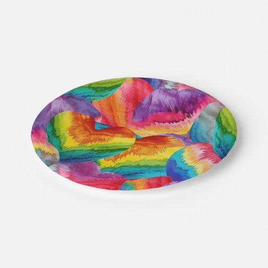 Gefärbte Krawatte Groovy Hearful Orange, Rot, Grün Pappteller (Schrägansicht)