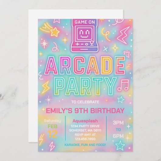 Gefärbte Krawatte Neon Glow Arcade Party Geburtsta Einladung (Vorne/Hinten)