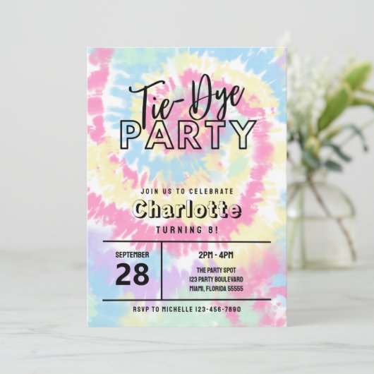 Gefärbte Krawatte Party mit Retro Pastel Farben Einladung (Stehend Vorderseite)