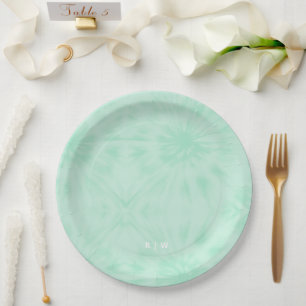 Gefärbte Krawatte   Pastell Minze Green Monogram Pappteller