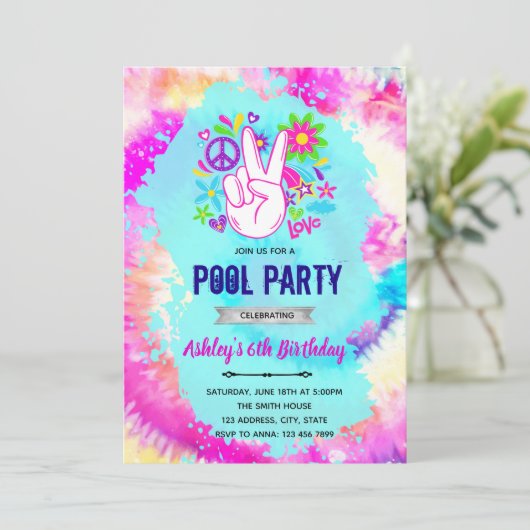 Gefärbte Krawatte-Pool-Einladung Dankeskarte (Stehend Vorderseite)