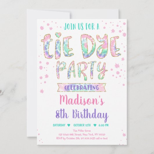 Gefärbte Krawatte Rainbow Boho Hippie Girls Geburt Einladung (Vorderseite)