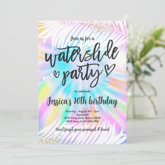 Gefärbte Krawatte Water Slide Pool Party Geburtsta Einladung (Stehend Vorderseite)