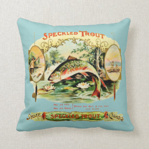 Gefleckter Forellen-Vintage-Zigarrenkisten-Etikett Kissen