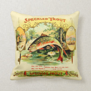 Gefleckter Forellen-Vintage-Zigarrenkistenetikett Kissen