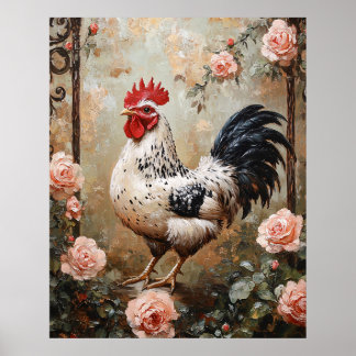 Gefleckter Hahn unter rosa Rosen Poster