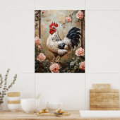 Gefleckter Hahn unter rosa Rosen Poster (Küche)