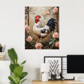 Gefleckter Hahn unter rosa Rosen Poster (Heimbüro)