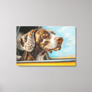 Gefleckter Hund auf einem Auto-Abenteuer-Kunstprin Leinwanddruck
