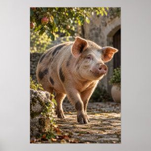 Geflecktes Bauernhofschwein in sonnendurchfluteter Poster