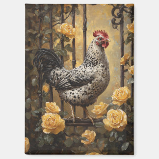 Geflecktes Huhn mit gelben Rosen Ölgemälde Magnet