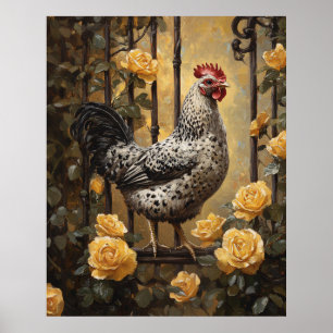 Geflecktes Huhn mit gelben Rosen Ölgemälde Poster