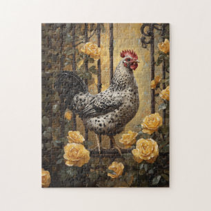 Geflecktes Huhn mit gelben Rosen Ölgemälde Puzzle