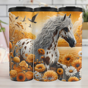 Geflecktes Pferd Goldenes Feld Wildblumen Thermosbecher