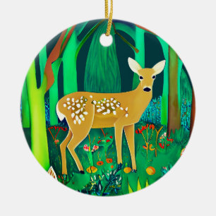 Geflecktes Reh in einer Fantasy-Waldkulisse Keramik Ornament