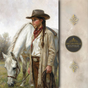 Geflochtene Cowgirl mit Weißem Pferd Découpage Seidenpapier