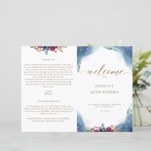 Geflochtenes, Celestial Starry Quinceañera Program (Stehend Vorderseite)
