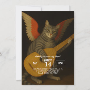 Geflügelte Musikerkatze, die Lauten-Kunst spielt   Einladung