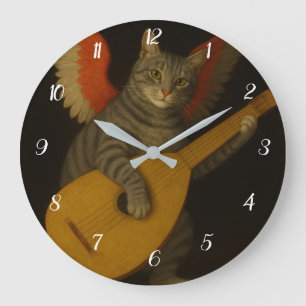 Geflügelte Musikerkatze, die Lauten-Kunst spielt Große Wanduhr