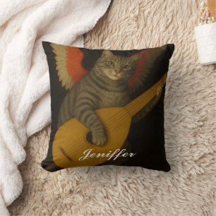 Geflügelte Musikerkatze, die Lute spielt, Kunst Kissen
