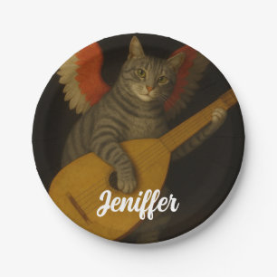 Geflügelte Musikerkatze, die Lute spielt, Kunst Pappteller