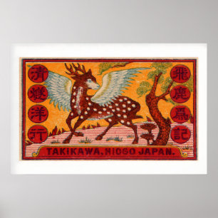 Geflügelter Hirsch Hyogo Japan Vintage-Streichholz Poster