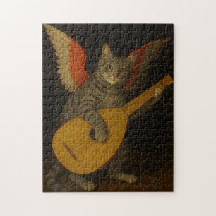 Geflügelter Musiker-Kater spielt Laute Kunst Puzzle