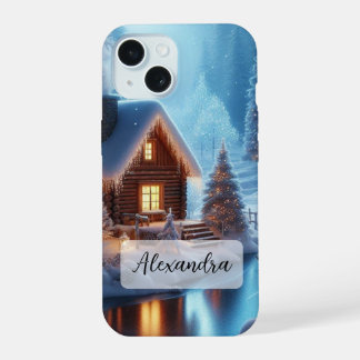 Gefrorene Weihnachtsbäume Laternen Gemütliche Hütt iPhone 15 Hülle