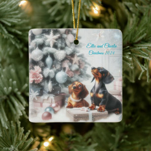 Gefrorener Pastell-Dachshund-Weihnachtsschmuck Keramikornament